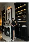 Kadın Şık Model V Yaka Standart Kol Krep Kumaş A Kesim Abiye Elbise-1