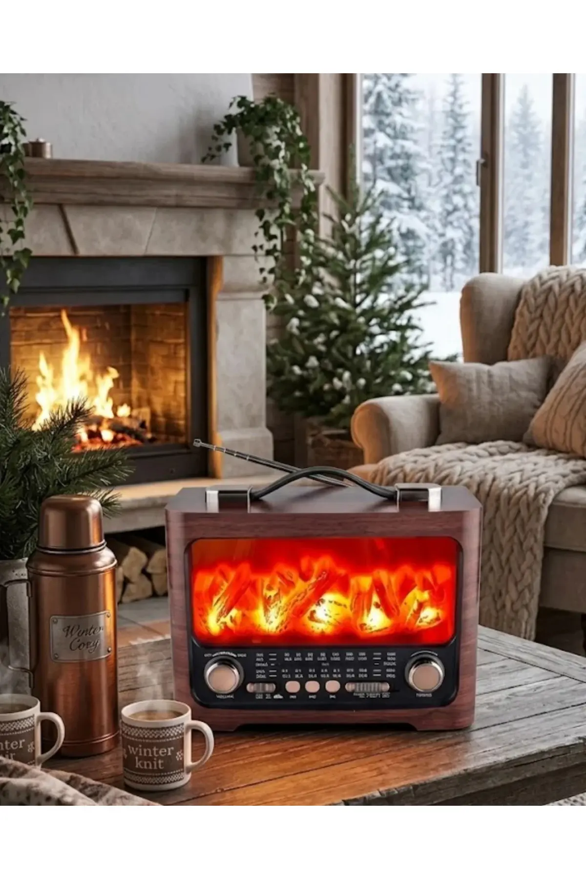 Taşınabilir Şömine Efektli Bluetooth Hoparlör FM Radyo LED Işıklı Müzik Çalar