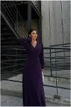 Kadın Şık Krep Kumaş Kruvaze Yaka Yırtmaçlı Maxi Abiye Elbise-2