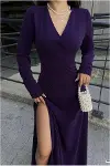 Kadın Şık Krep Kumaş Kruvaze Yaka Yırtmaçlı Maxi Abiye Elbise-3