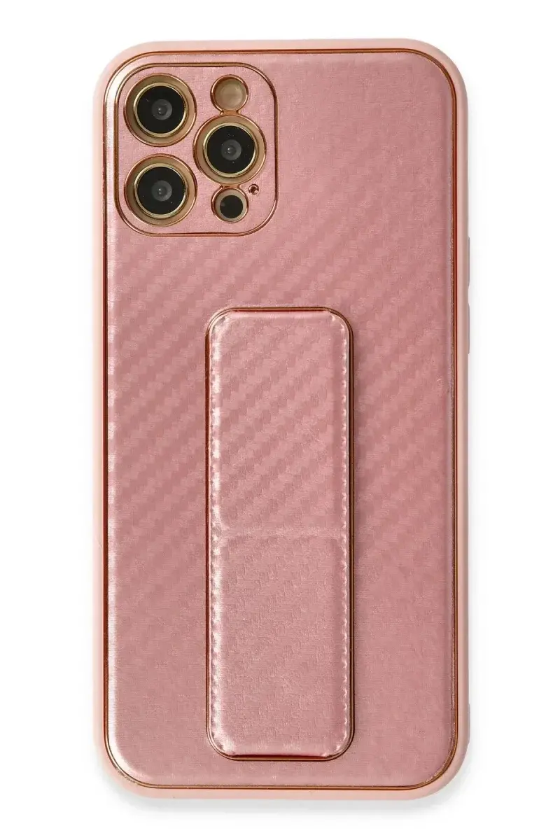 Apple iPhone 12 Pro Kılıf Coco Karbon Standlı Kapak - Pembe
