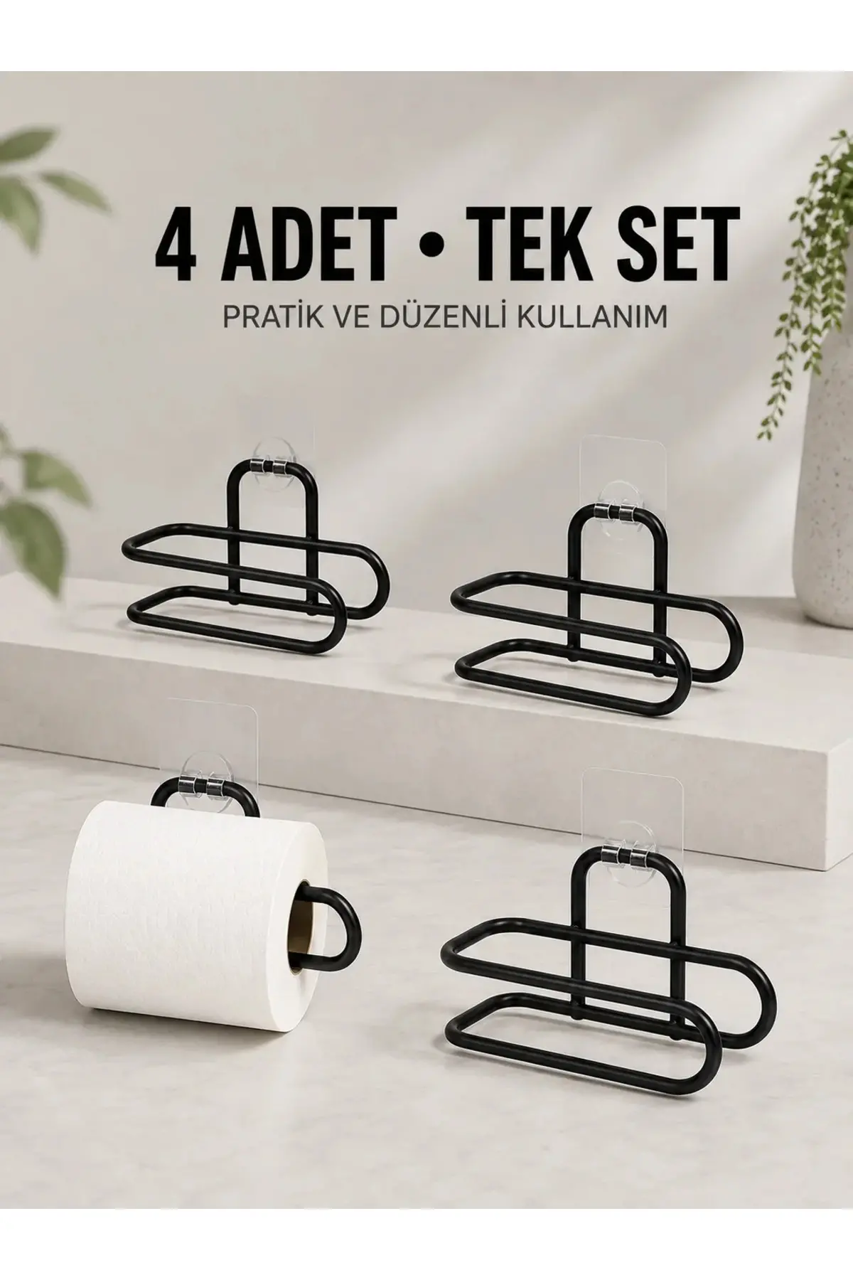 Duvara Yapışkanlı WC Kağıtlık Siyah Metal 4 Adet Tuvalet Kağıdı Rulo Askısı