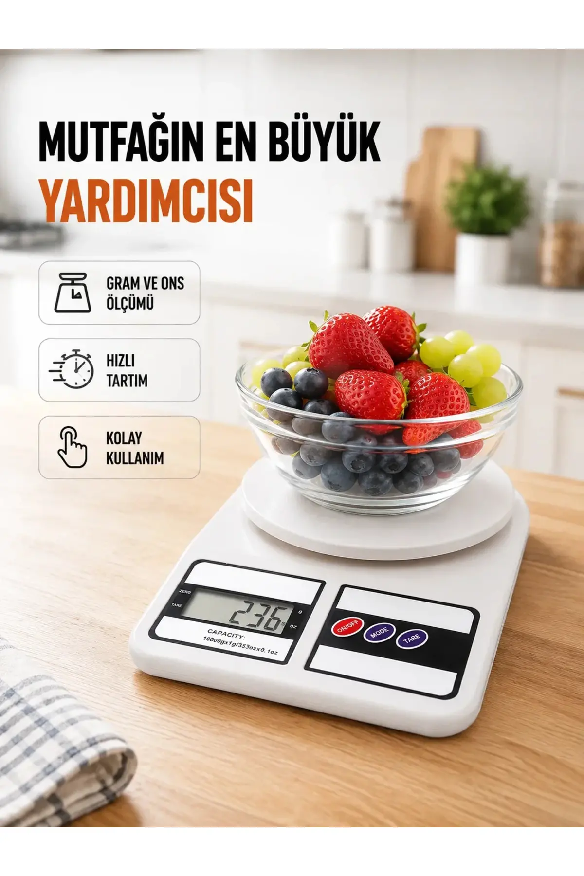 Beyaz Plastik Dijital Mutfak Tartısı – 24x16.8x1.5cm