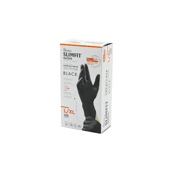 Reflex Slimfit Glove KOD-031 L-xl Siyah Pudrasız Muayene Eldiven 100LÜ