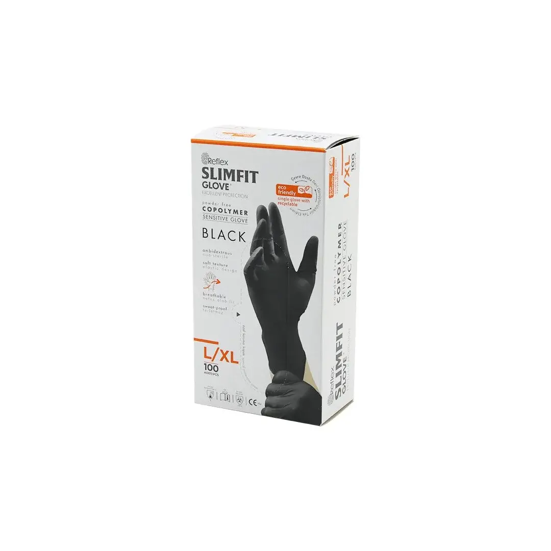 Reflex Slimfit Glove KOD-031 L-xl Siyah Pudrasız Muayene Eldiven 100LÜ