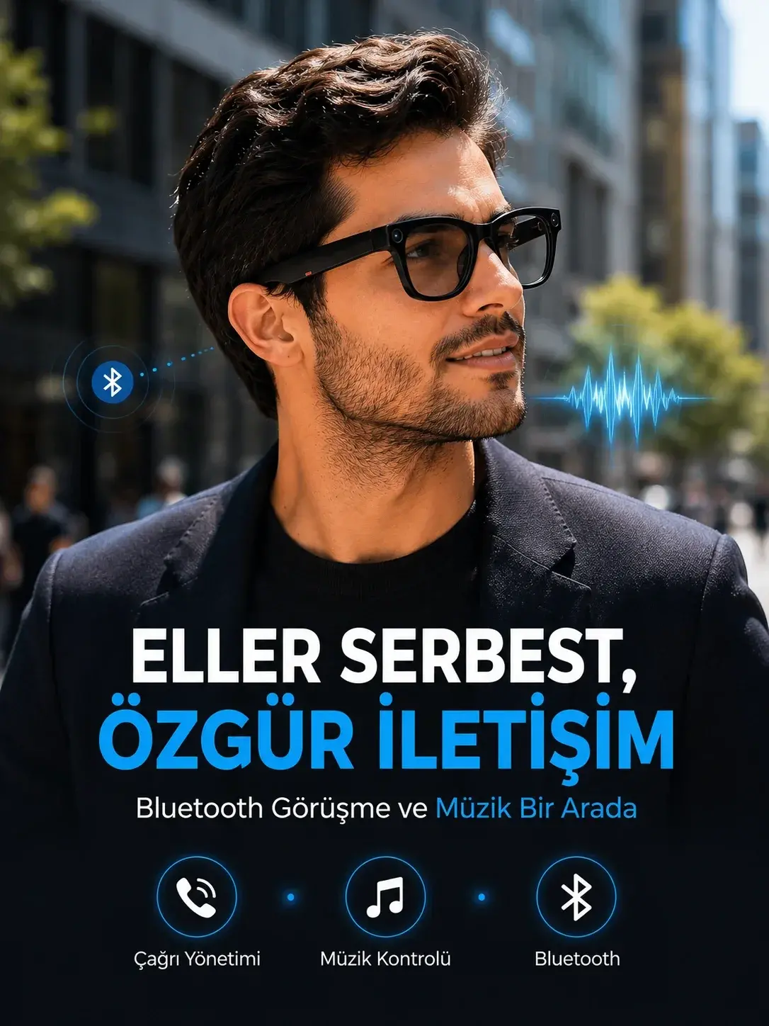 Siyah Kameralı Akıllı Gözlük Bluetooth Telefon Görüşmeli Video Fotoğraf ve Ses Kayıtlı Dokunmatik Ko