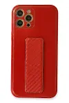Apple iPhone 12 Pro Kılıf Coco Karbon Standlı Kapak - Kırmızı-1