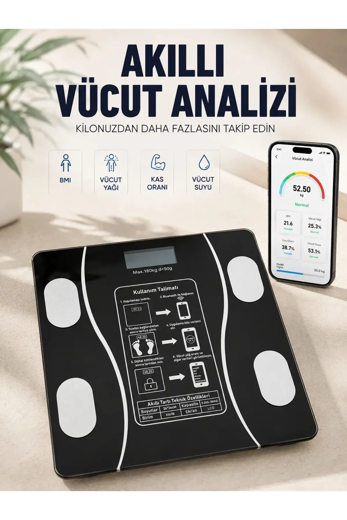 Akıllı Vücut iz Baskülü Bluetooth Bağlantılı 4 Sensörlü LCD Ekranlı Dijital Tartı