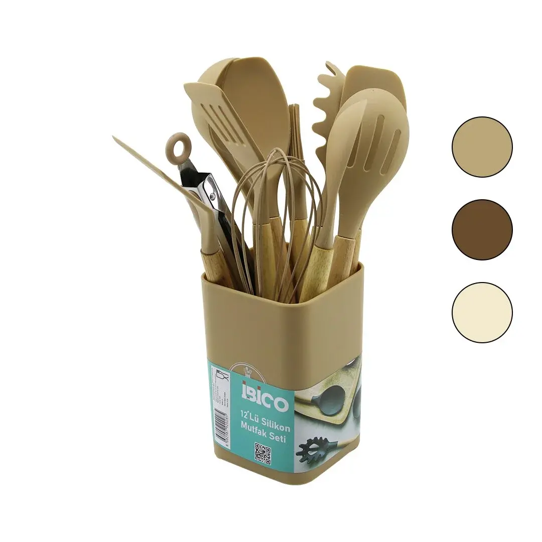11PCS+KOVA Silikon Mutfak Seti Bambu Sap 3-KAŞIK- 3-SPATULA- 1-KEVGİR- 1-KEPÇE- 1-MAŞA- 1-ÇRPC- 1-FR