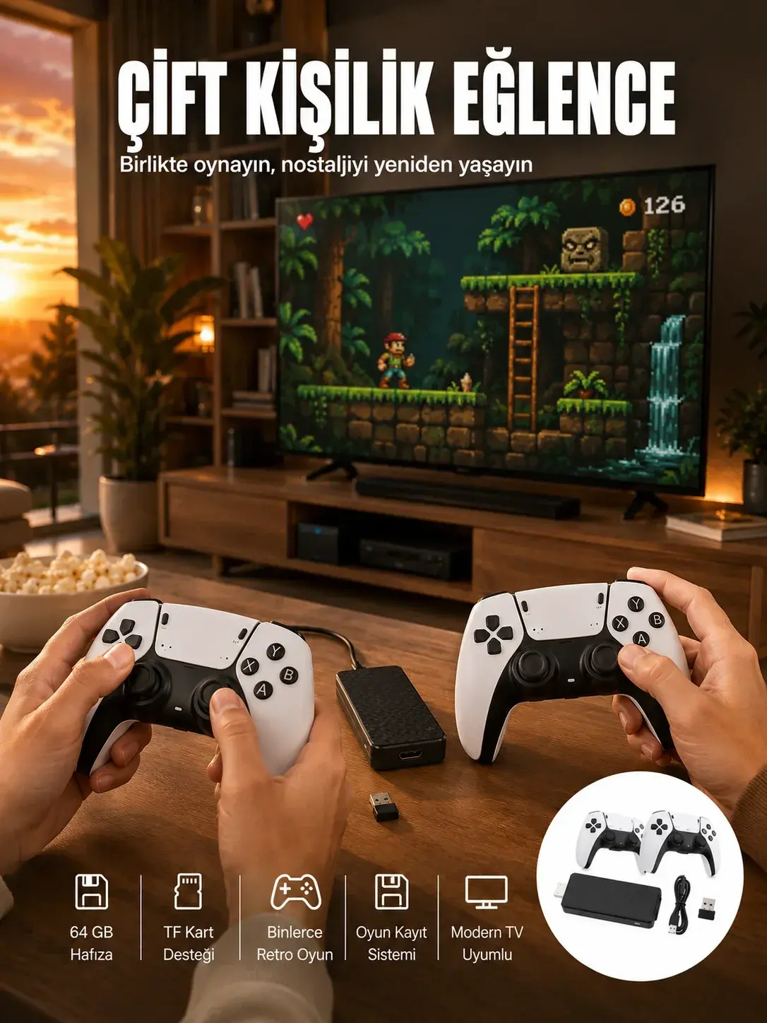 HD Girişli Retro Oyun Çubuğu 2 Kişilik Kablosuz Yeni Nesil