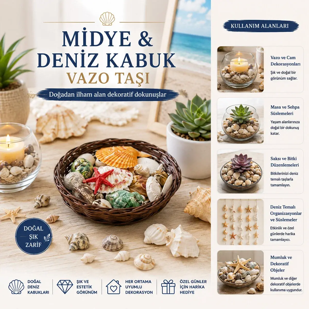 Yuvarlak Ahşap Sepet Renkli x dye - Deniz Kabuk Vazo Taşı