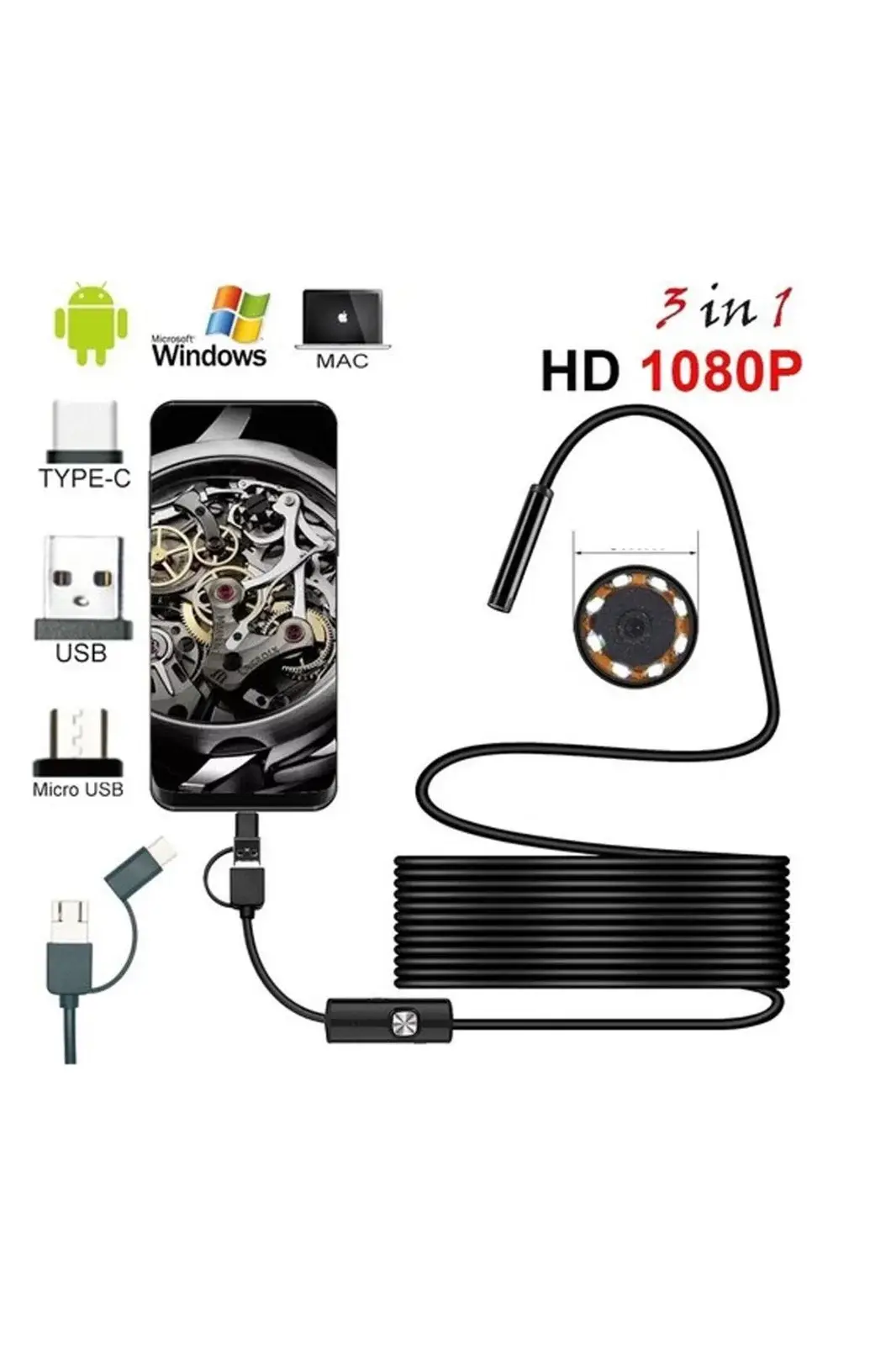 Endoskop 3 İn 1 Yılan Kamera Usb cro Usb Type-c 20 Metre Sert Kablo