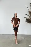 Kadın Krep Kumaş V Yaka Kısa Kollu Abiye Elbise-3