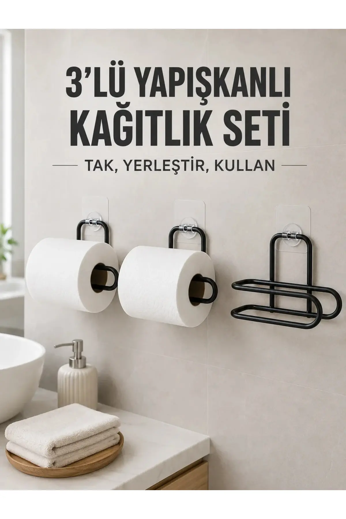 3’lü Siyah Duvar Tipi Kağıtlık Seti Yapışkanlı Pratik Rulo Tutucu
