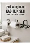 3’lü Siyah Duvar Tipi Kağıtlık Seti Yapışkanlı Pratik Rulo Tutucu-1
