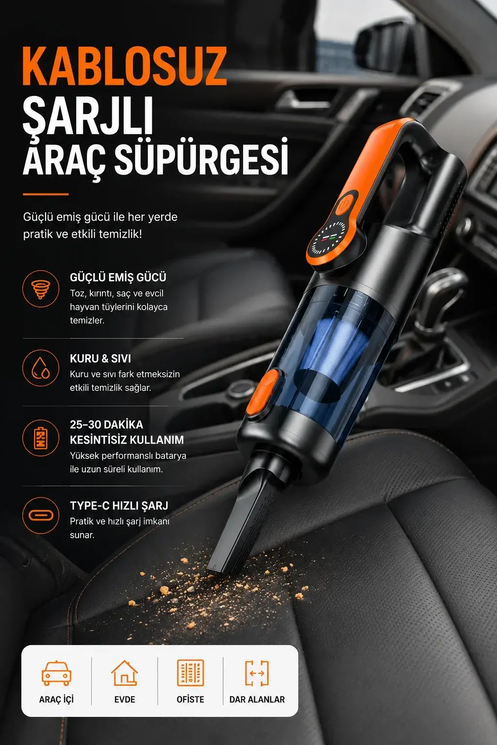 Araç İçi Tezlik İçin Şarjlı El Süpürgesi