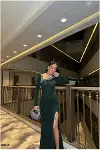 Kadın Modern Stil V Yaka Yırtmaçlı Uzun Kollu Abiye Elbise-2
