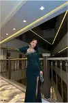 Kadın Modern Stil V Yaka Yırtmaçlı Uzun Kollu Abiye Elbise-3