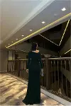 Kadın Modern Stil V Yaka Yırtmaçlı Uzun Kollu Abiye Elbise-4