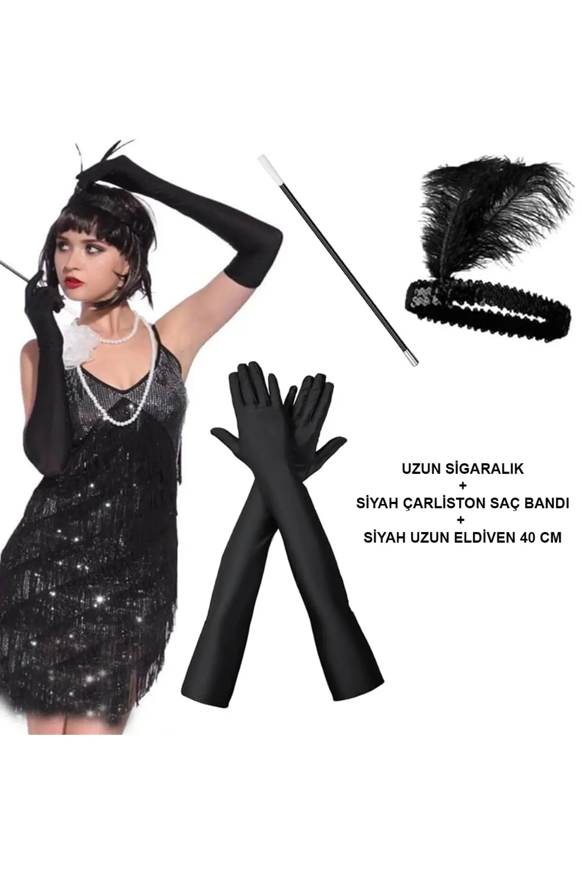 192039ler Gatsby Aksesuar Seti – Siyah Charleston Saç Bandı, Uzun Eldiven Lık