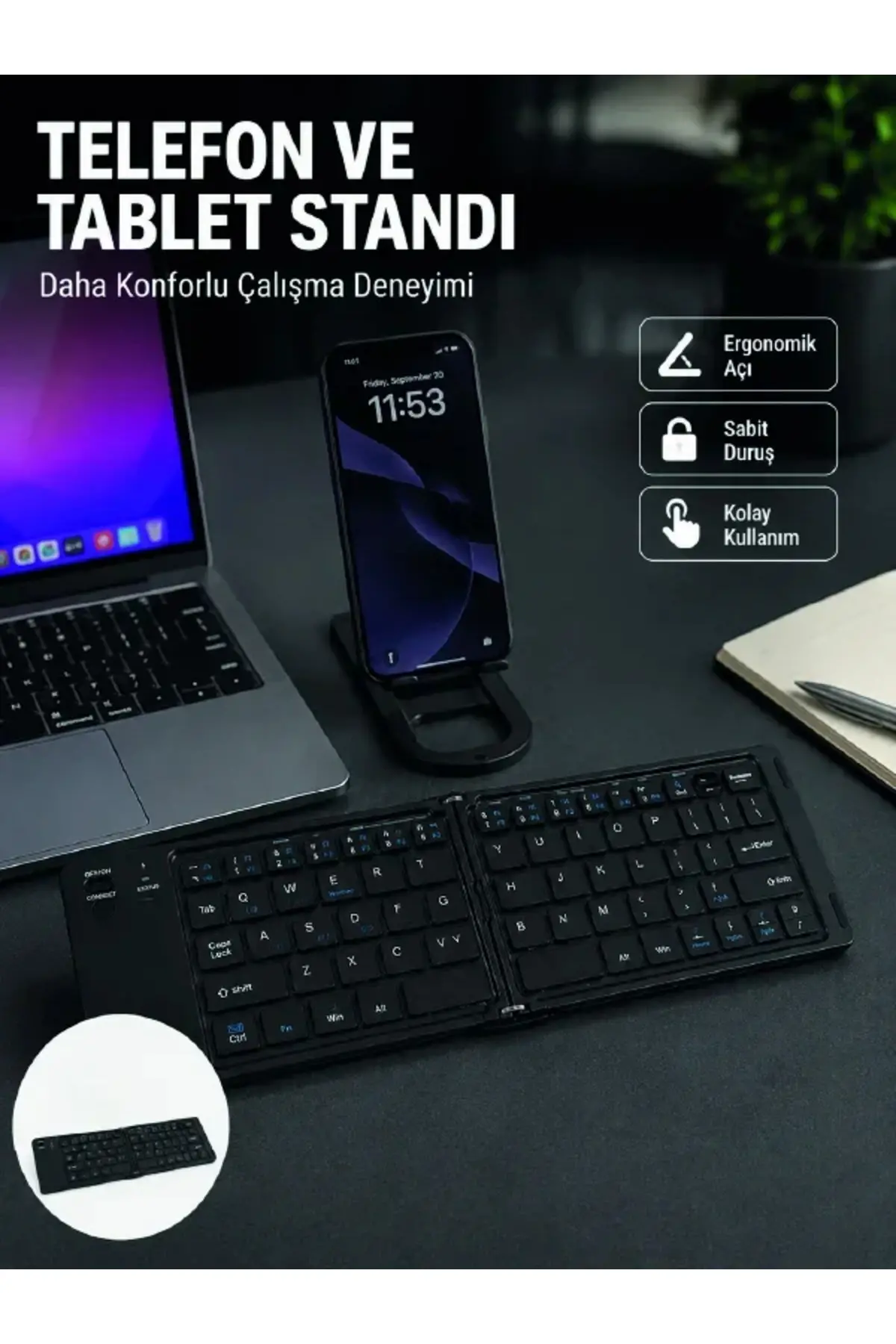 Bluetooth Katlanabilir Klavye USB-C Şarjlı 3 Cihaz Bağlantılı Taşınabilir Klavye