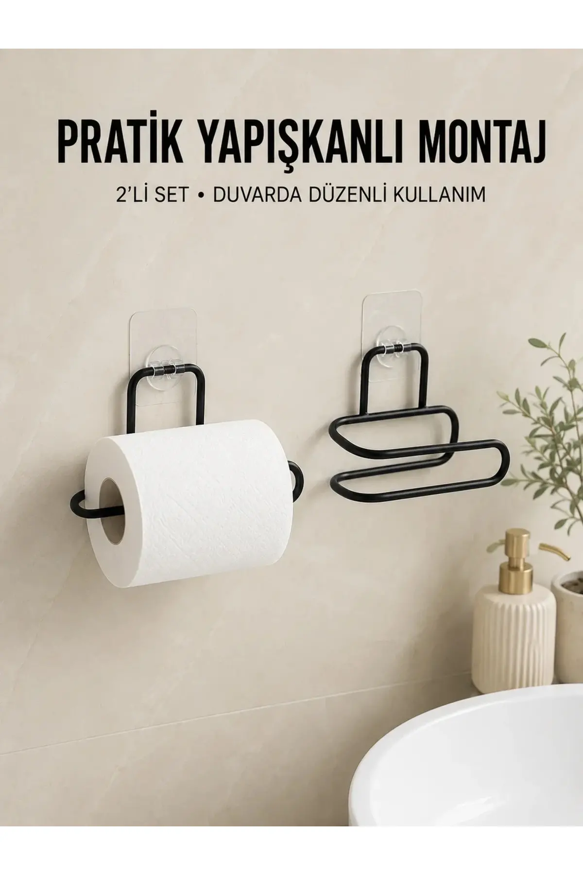2 Adet Yapışkanlı WC Kağıtlık Siyah Metal Pratik Duvar Tipi Rulo Tutucu