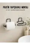 2 Adet Yapışkanlı WC Kağıtlık Siyah Metal Pratik Duvar Tipi Rulo Tutucu-1