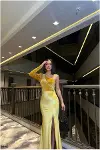 Kadın Modern Stil Tek Omuz Taş Detaylı Abiye Elbise-2