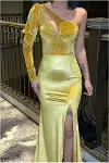 Kadın Modern Stil Tek Omuz Taş Detaylı Abiye Elbise-4