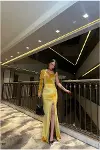 Kadın Modern Stil Tek Omuz Taş Detaylı Abiye Elbise-1