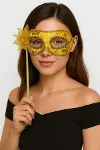 Lüks Taşlı Saplı Maskeli Balo Maskesi Altın Renk 35 Cm-1