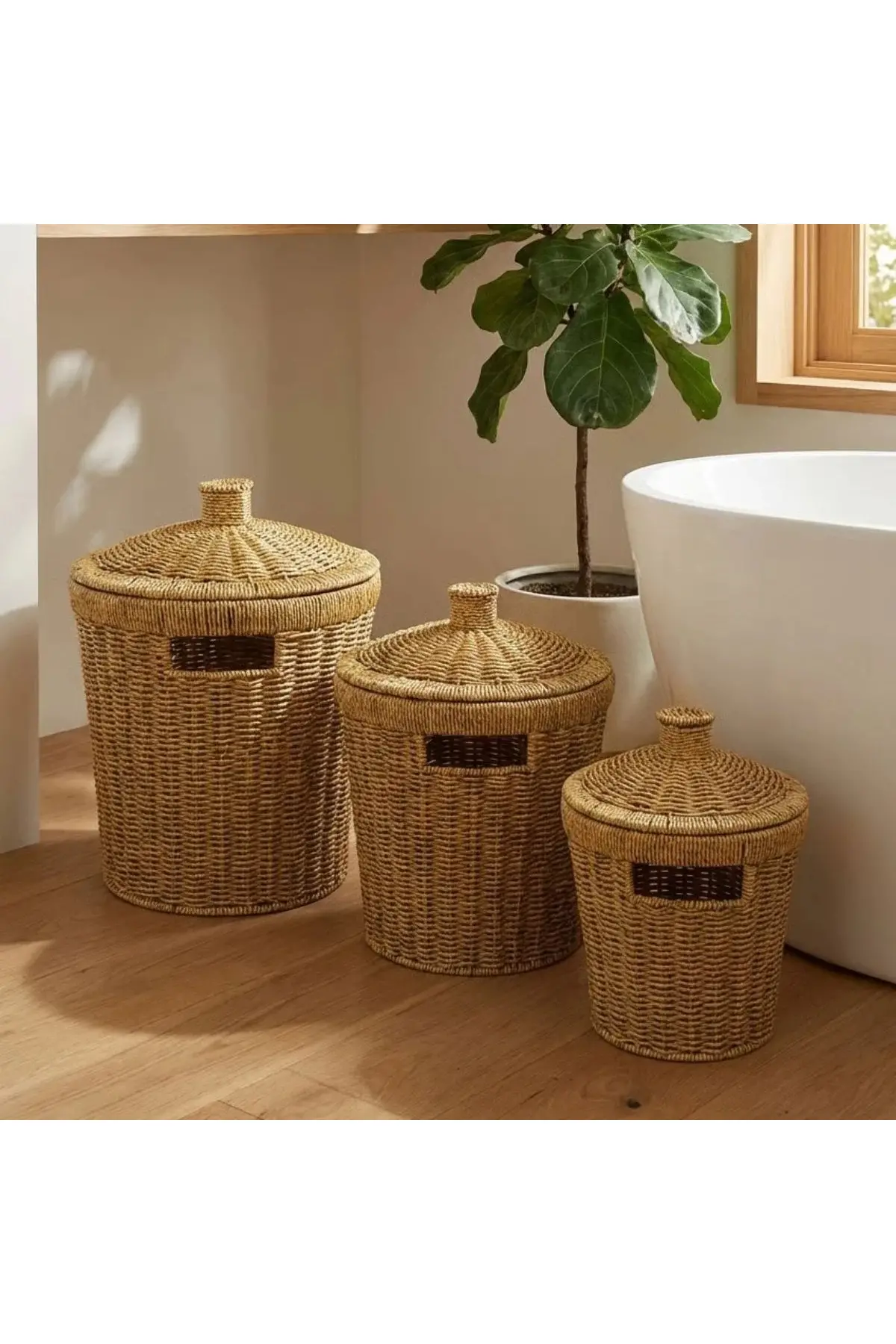 3’lü İç İçe Geçebilen Büyük Plastik Rattan Hasır Sepet Seti-Dayanıklı Çok Amaçlı Ev,Banyo ve Mutfak