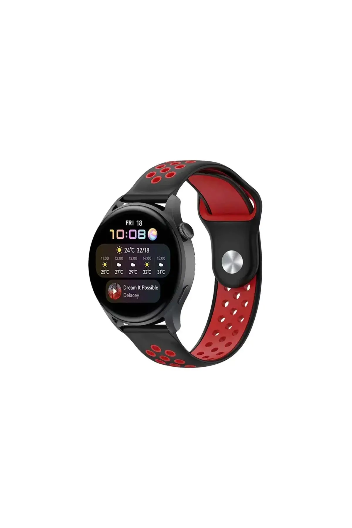 Watch 22mm Spor Delikli Kordon - Siyah-kırmızı