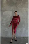 Kadın Özel Tasarım Esnek Kadife Kumaş Degaje Yaka Yırtmaçlı Abiye Elbise-3