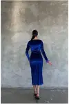 Kadın Özel Tasarım Esnek Kadife Kumaş Degaje Yaka Yırtmaçlı Abiye Elbise-8
