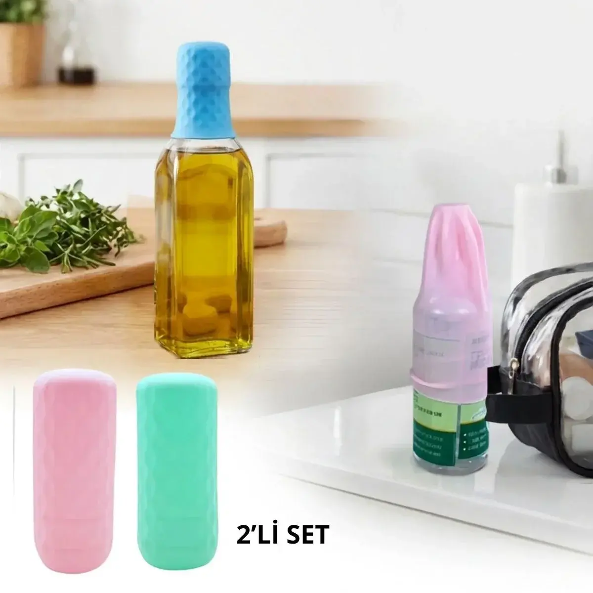 2 Adet Silikon Şişe Kapağı – Seyahat Tipi Sızdırmaz Elastik Şampuan, Losyon ve Parfüm Şişesi Koruyuc