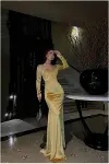 Kadın Minimal Tasarım Esnek Kadife Kumaş Kayık Yaka Abiye Elbise-1