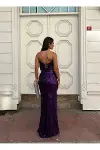 Kadın Şık Model V Yaka Askılı Dokulu Fitted Abiye Elbise-3