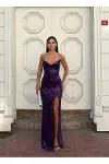 Kadın Şık Model V Yaka Askılı Dokulu Fitted Abiye Elbise-1