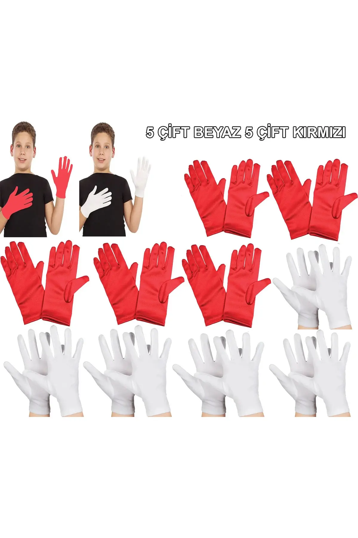 Çocuk Gösteri Eldiven Seti – 5 Çift Beyaz 5 Çift Kırmızı