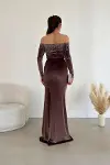Kadın Esnek Kadife Kumaş Yırtmaçlı Uzun Kollu Abiye Elbise-3