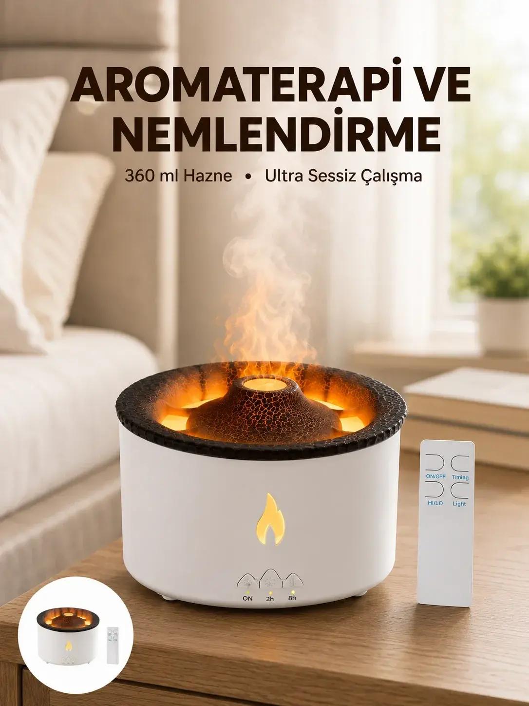 Alev Efektli Aromaterapi Difüzörü – 360 ml Su Hazneli, Sessiz ve Zaman Ayarlı Yeni Nesil