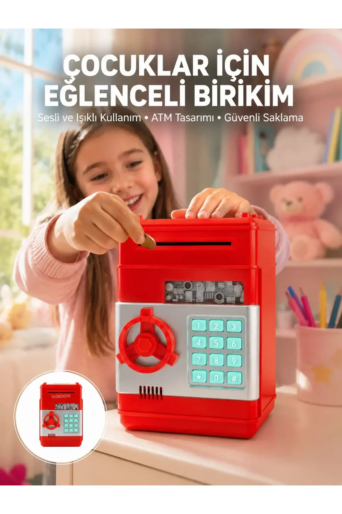 Şifreli Kırmızı ATM Tasarımlı Çelik Kasa Görünümlü Kumbara