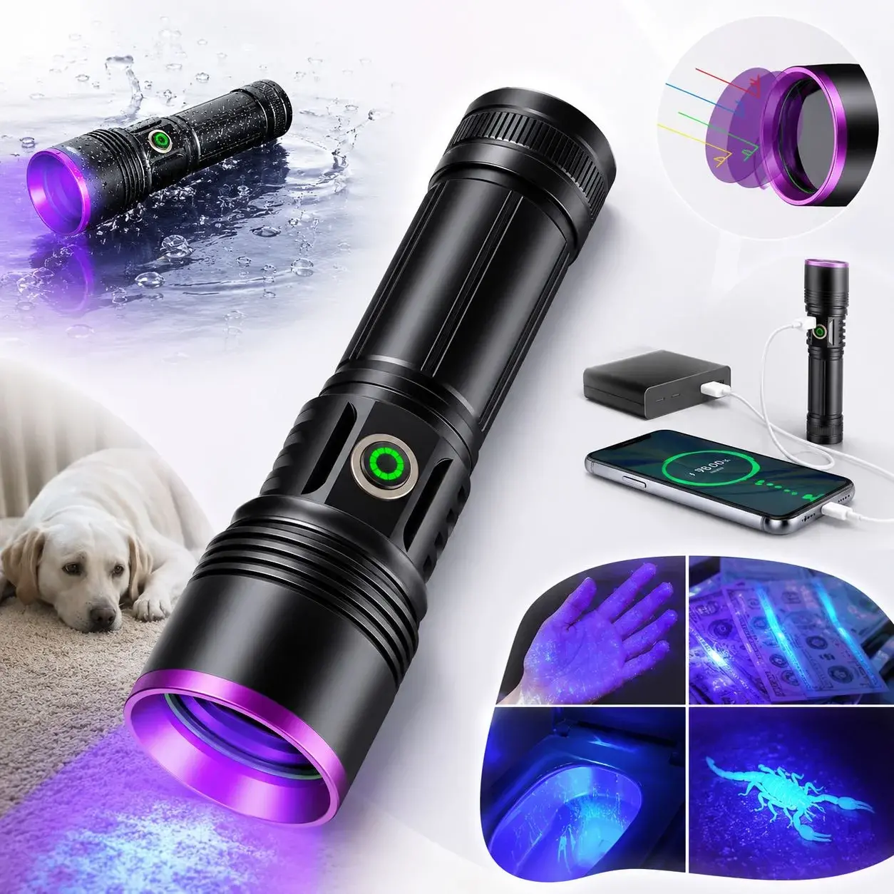 365nm UV Siyah Işık El Feneri – 20W Güçlü LED, Type-C Şarjlı, IP65 Dayanıklı Gövde