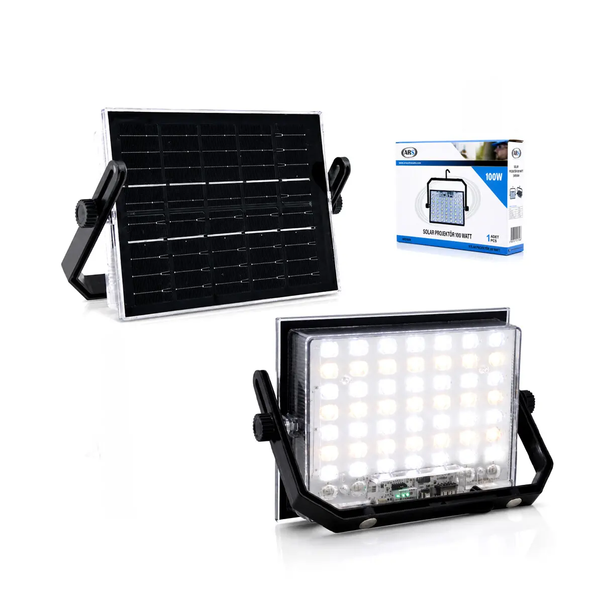 100W GÜNEŞ ENERJİLİ LED IŞIK SOLAR PROJEKTÖR - FENER KAMP - DIŞ MEKAN 3 FARKLI LED IŞIK 348960 LMB (4745)