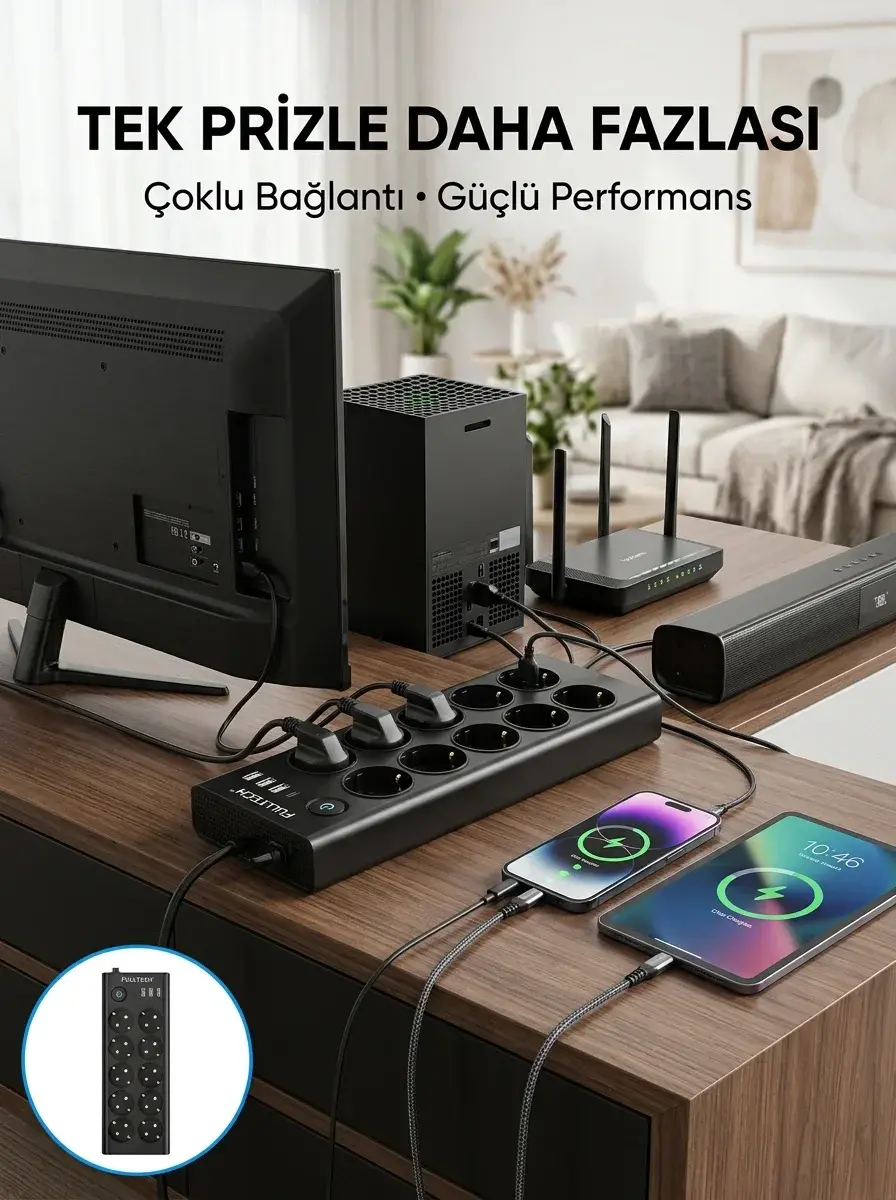 10 Prizli USB Destekli Çoklu Priz Type-C Şarj Girişli Güvenli Güç Ünitesi