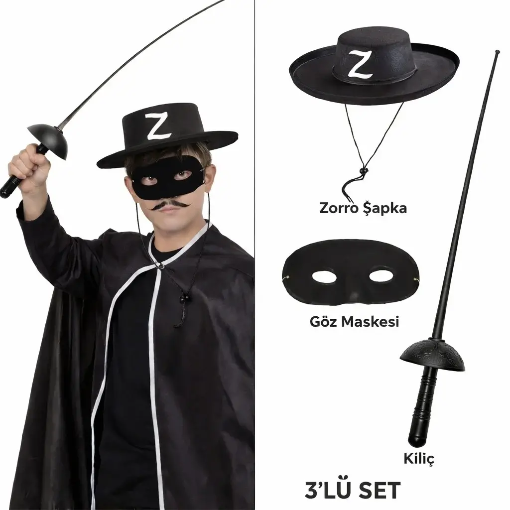 Zorro Kostüm Seti 3’lü Çocuk – Şapka, Maske Ve Kılıç
