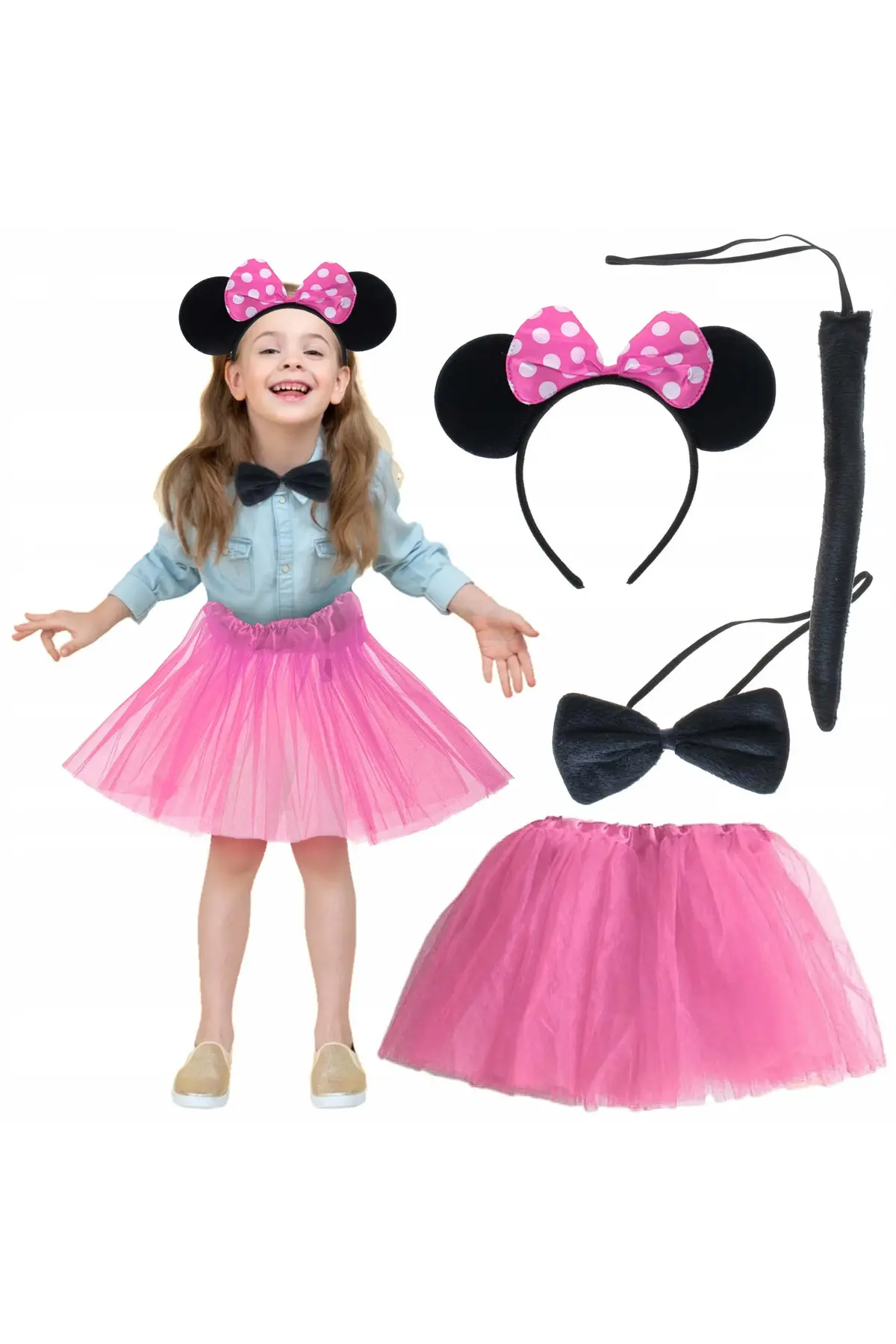 Minnie Kostüm Seti (pembe Tütü Etek + Pembe Taç + Papyon + Kuyruk)