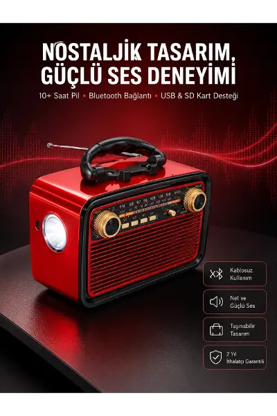 Nostaljik Görünümlü Ahşap Radyo TF SD USB Girişli Led Fener Işıklı