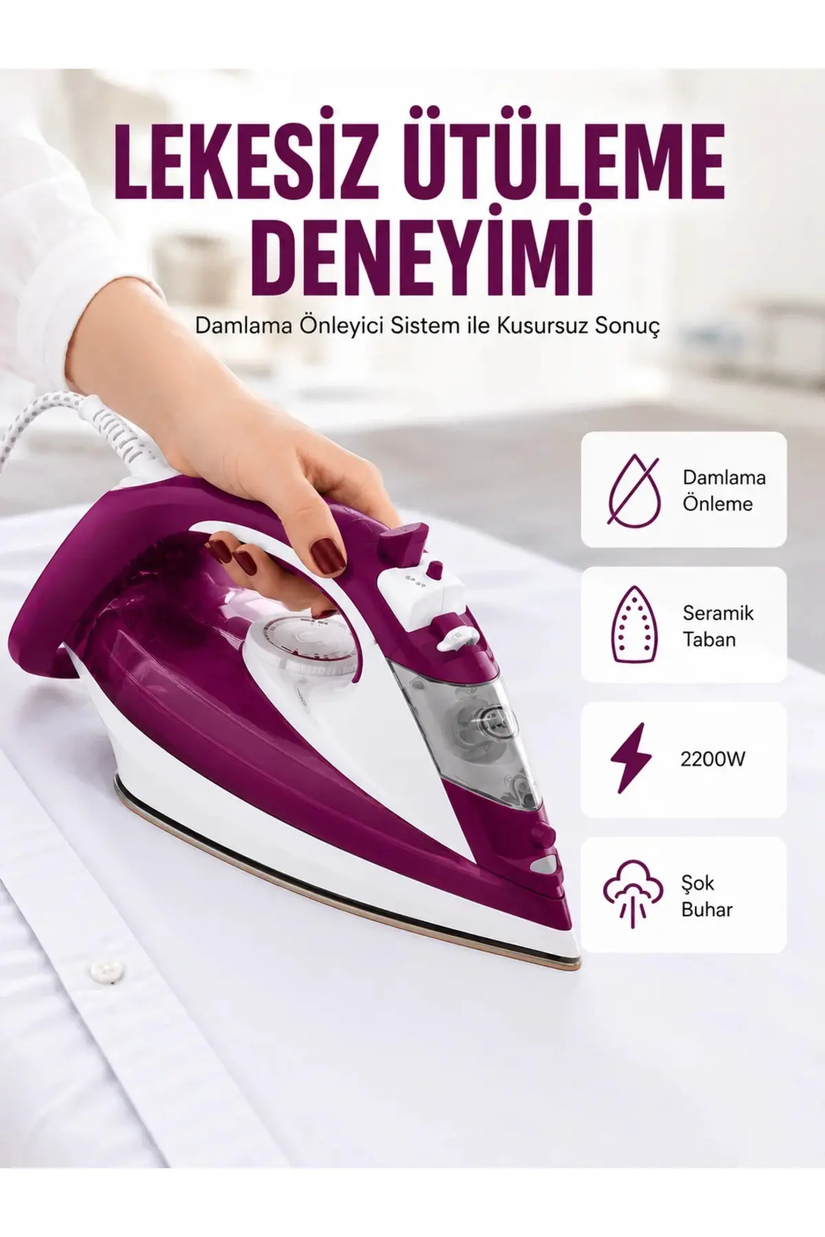 Yeni Nesil Kırmızı Buharlı Ütü 2200 Watt Serak Tabanlı Yüksek Buhar Gücü Yeni Nesil